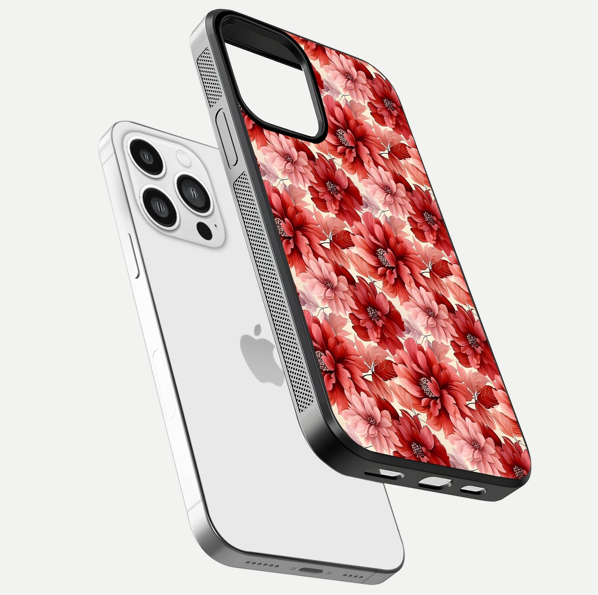 Crimson Love Petals Glass Case for iPhone 13 Pro Max floating mockup showing HD gloss and vivid detail
