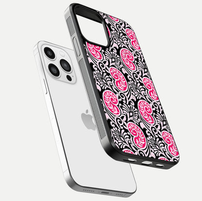 Crimson Paisley Charm Glass Case for iPhone 13 Pro Max floating mockup showing gloss shine and texture clarity