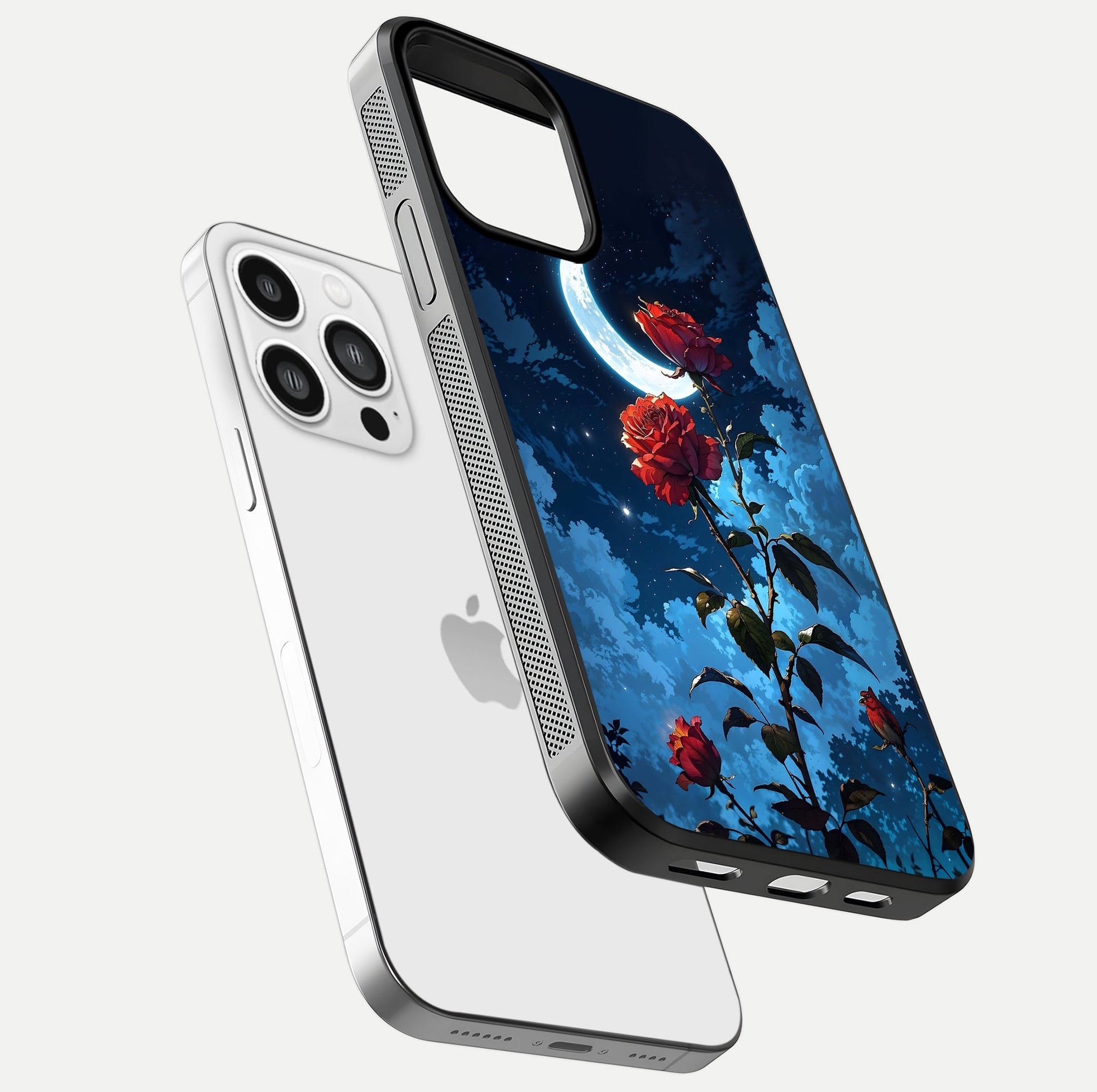 Crimson Rose Moon Glass Case for iPhone 13 Pro Max floating mockup showing HD shine and elegant contrast