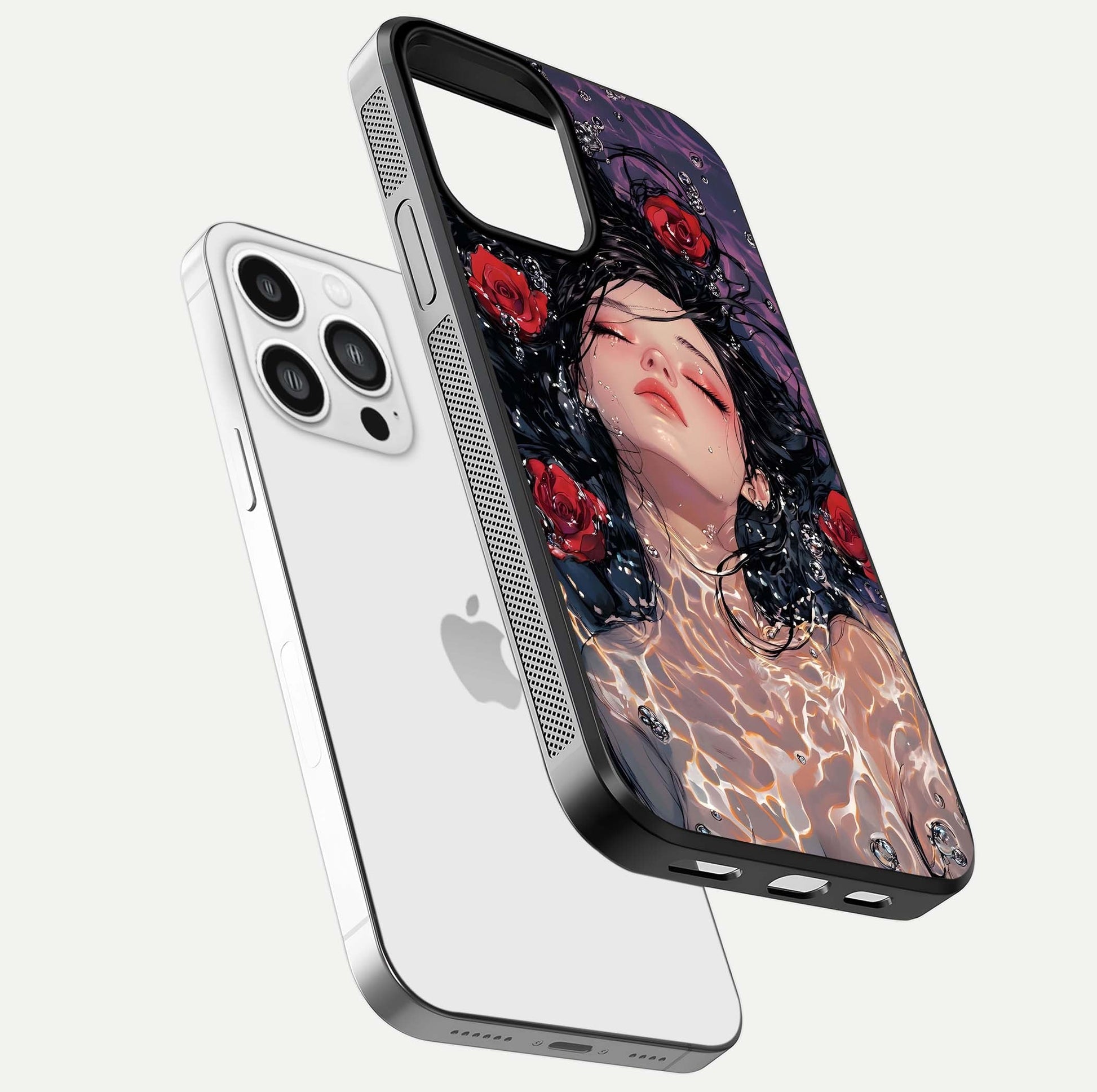 Crimson Rose Serenity Glass Case for iPhone 13 Pro Max floating mockup showing HD gloss and floral texture