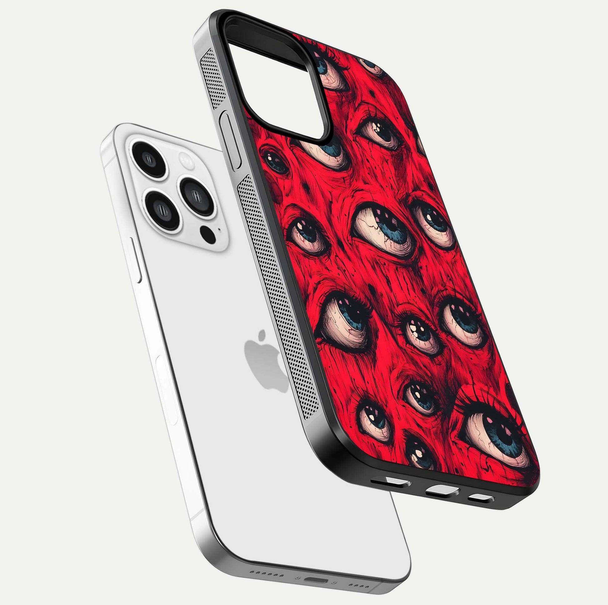Crimson Watch Eyes Glass Case for iPhone 13 Pro Max floating mockup showing HD polish and bright gloss