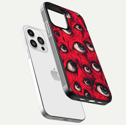 Crimson Watch Eyes Glass Case for iPhone 13 Pro Max floating mockup showing HD polish and bright gloss