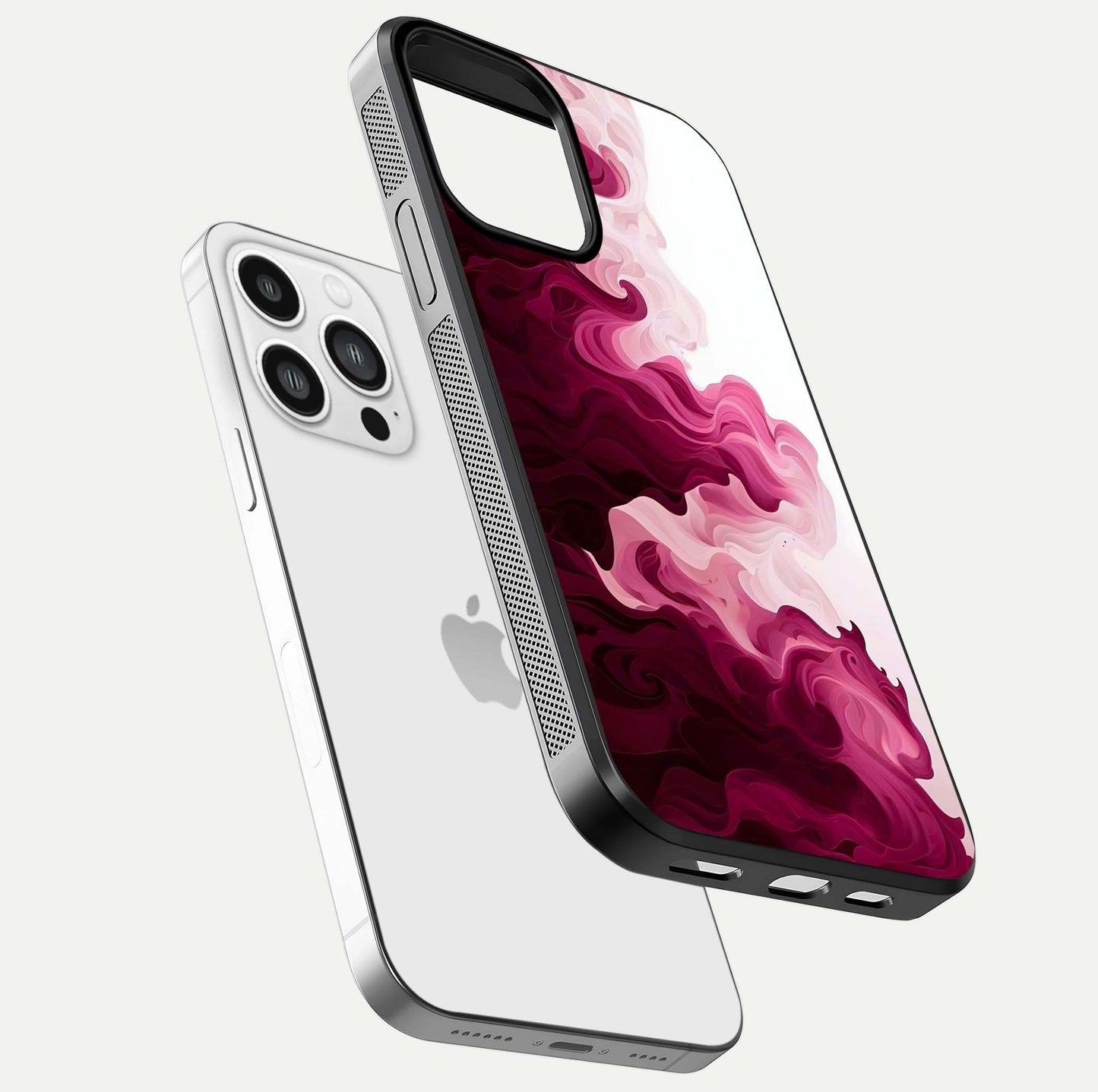 Crimson Wave Flow Glass Case for iPhone 13 Pro Max floating mockup showing gloss shine and smooth edge