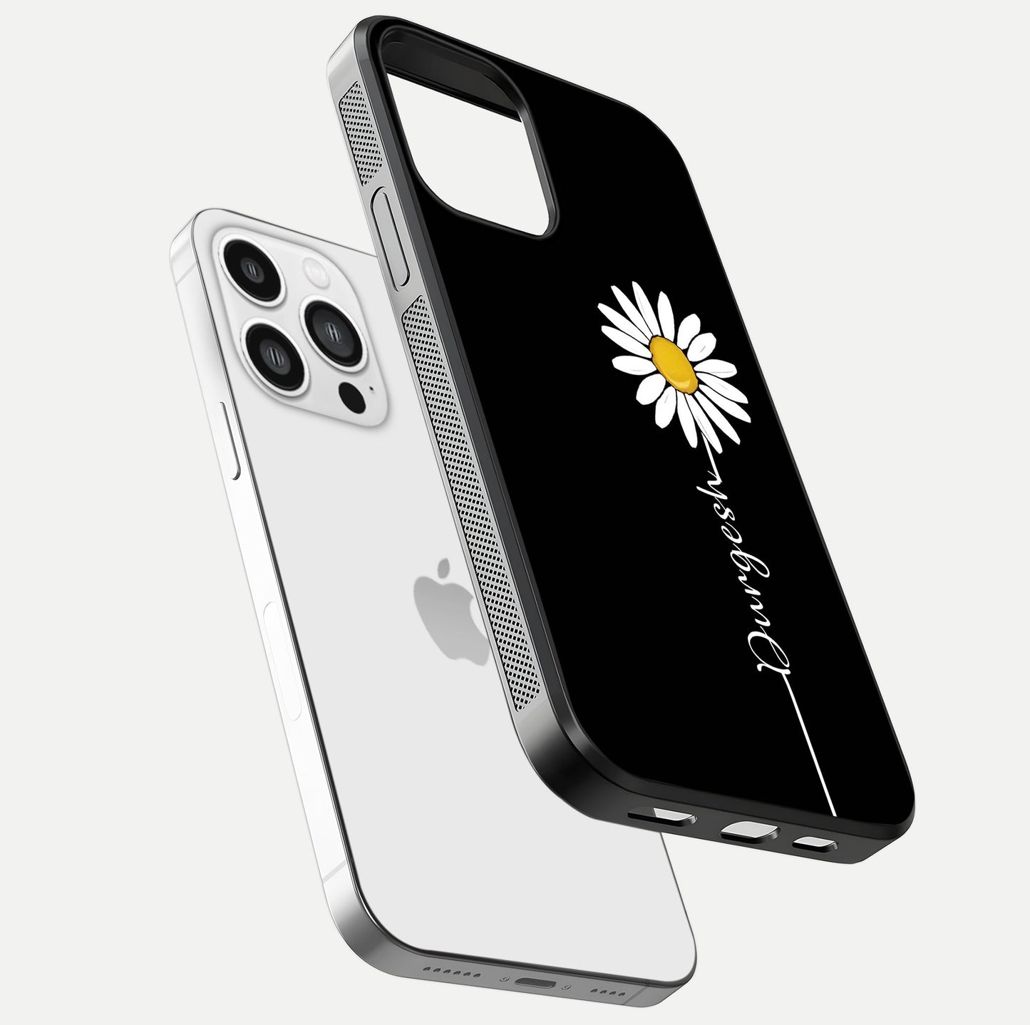 Custom Name White Flower Glass Case for iPhone 13 Pro Max floating mockup displaying HD gloss and delicate texture