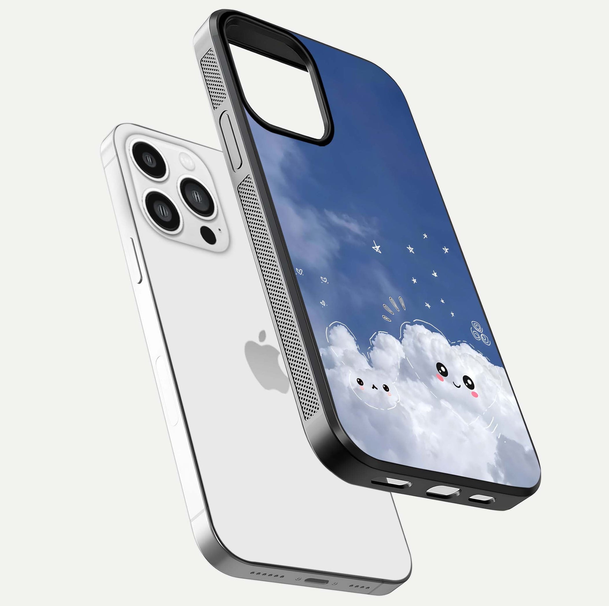 Cute Blossom Cloud Glass Case for iPhone 13 Pro Max floating mockup showing HD shine and soft gradient finish