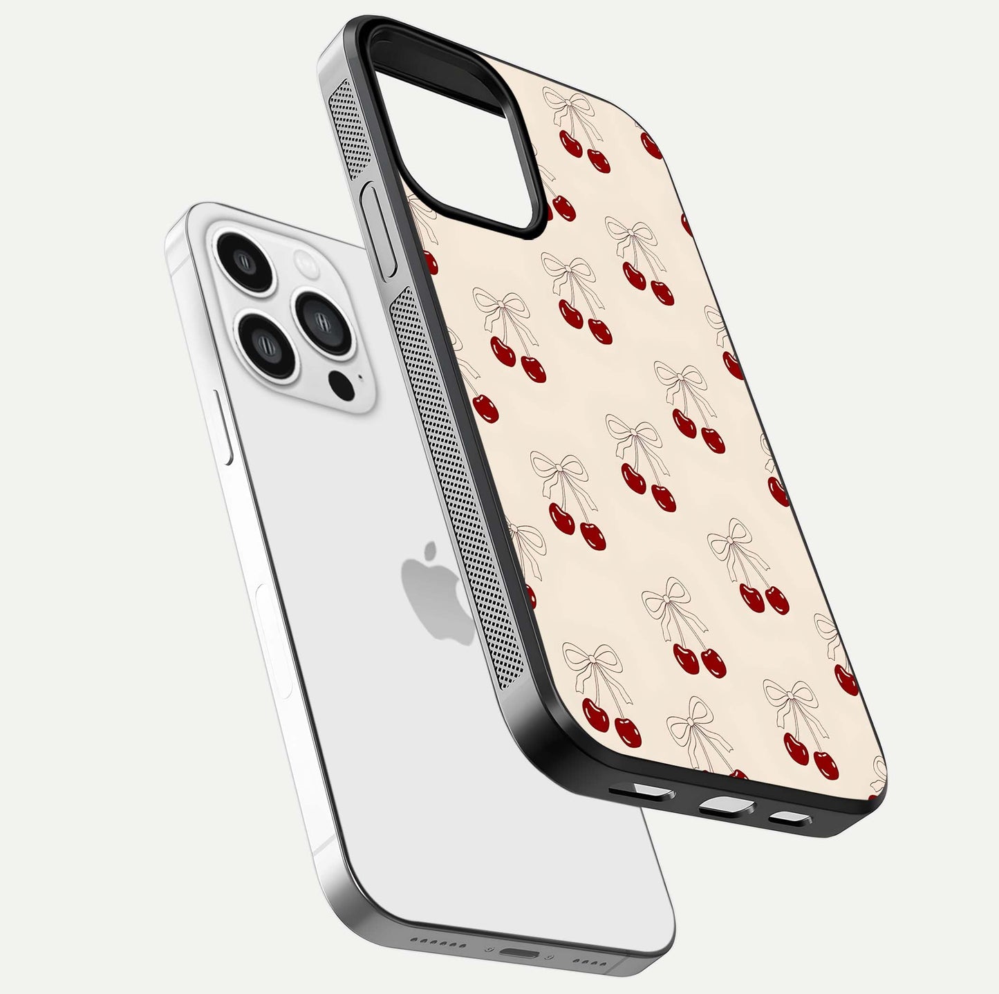 Cute Cherry Pattern Glass Case for iPhone 13 Pro Max floating mockup showing HD gloss shine and clear tones