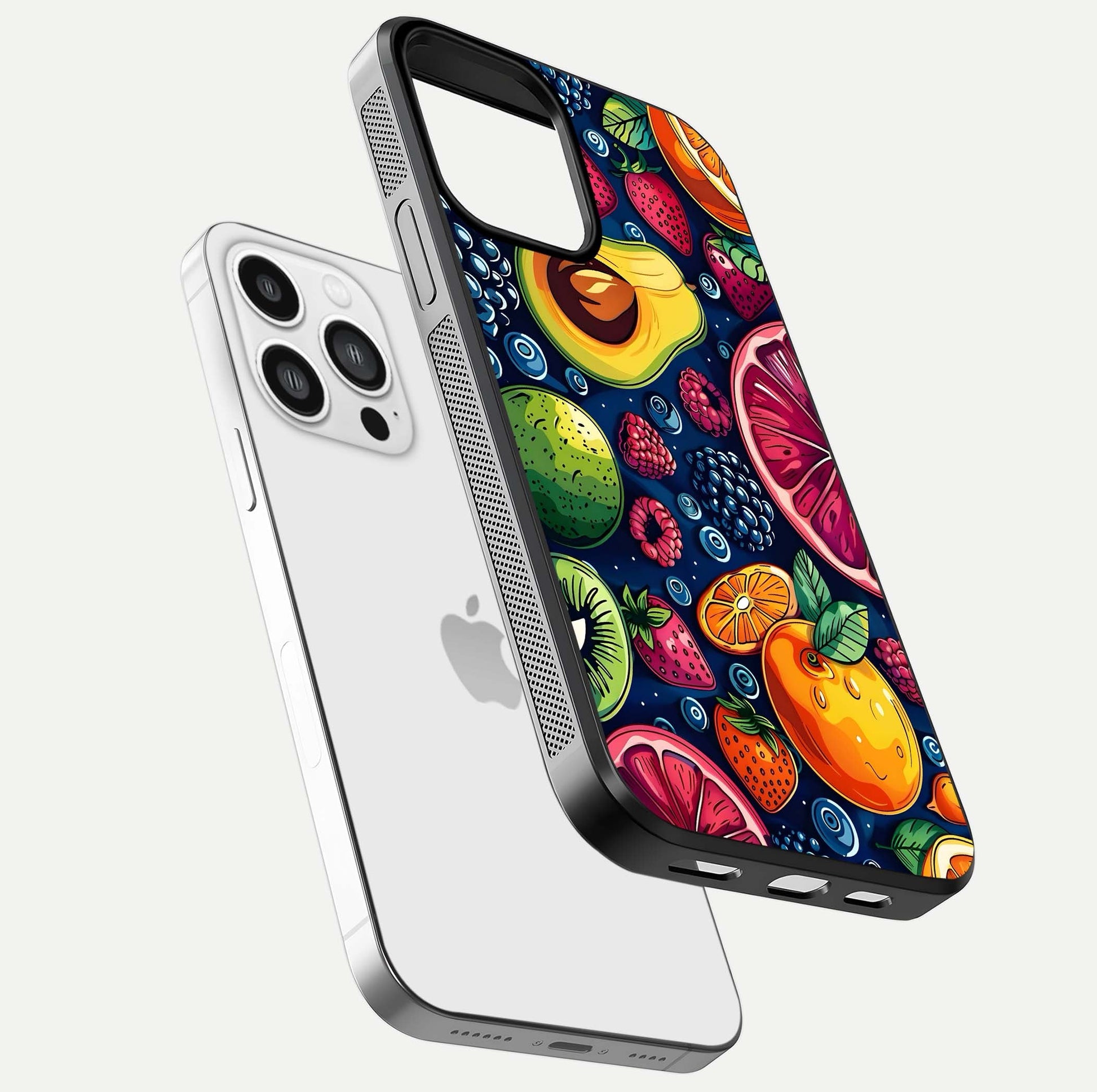 Cute Fruits Art Glass Case for iPhone 13 Pro Max floating mockup showing gloss brightness and vivid artwork