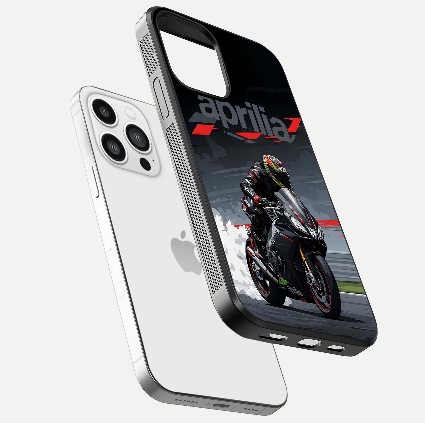 Dark Aprilla Glass Case for iPhone 13 Pro Max floating mockup showing glossy contrast and texture clarity