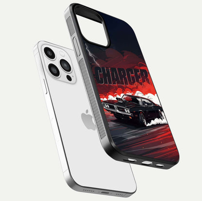 Dark Charger Fury Glass Case for iPhone 13 Pro Max floating mockup showing reflection depth and shiny surface