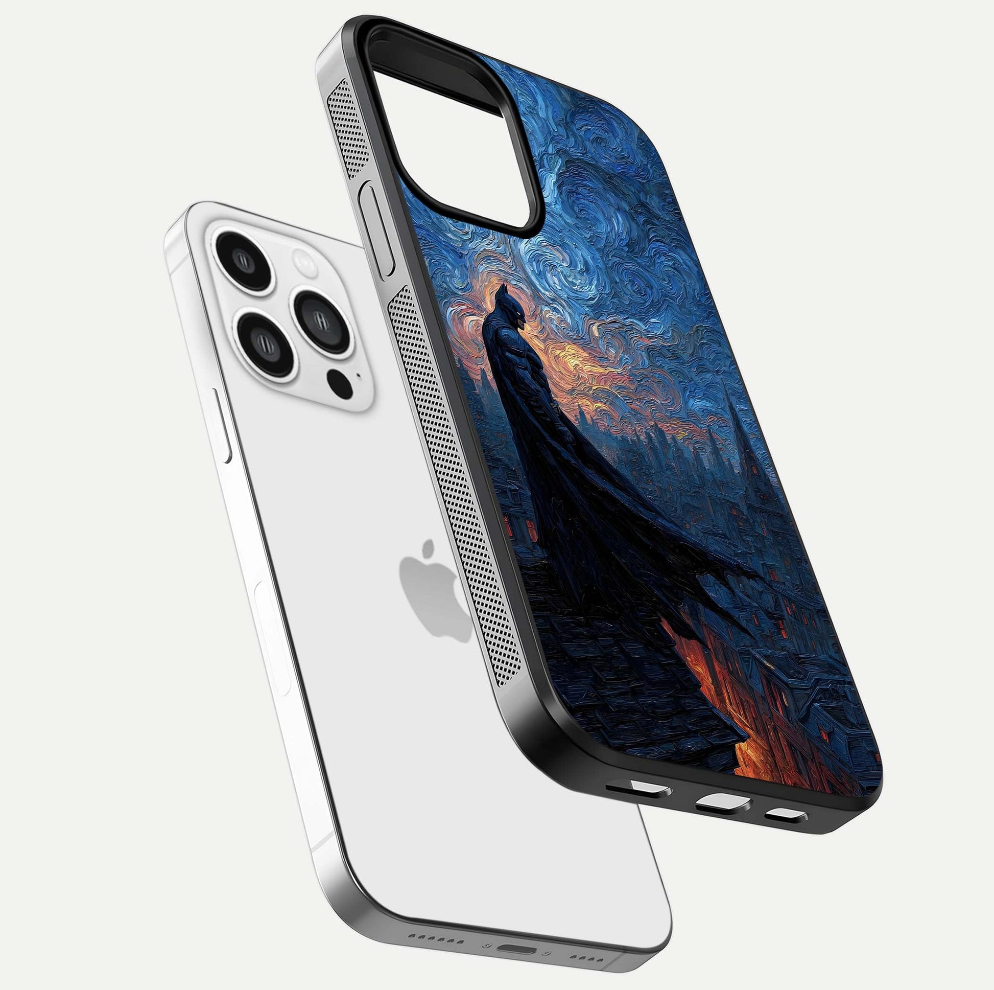 Dark Knight Dusk Glass Case for iPhone 13 Pro Max floating mockup showing glossy depth and cinematic lighting