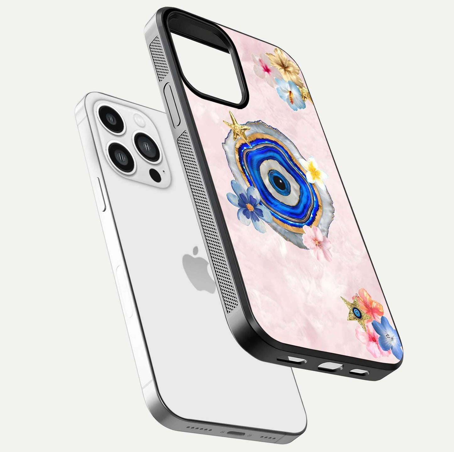 Divine Aura Bloom Glass Case for iPhone 13 Pro Max floating mockup showing gloss texture and elegant design