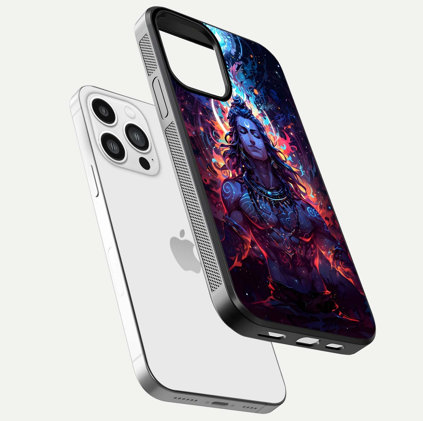Divine Fire Shiv Glass Case for iPhone 13 Pro Max floating mockup showing glow texture and gloss finish
