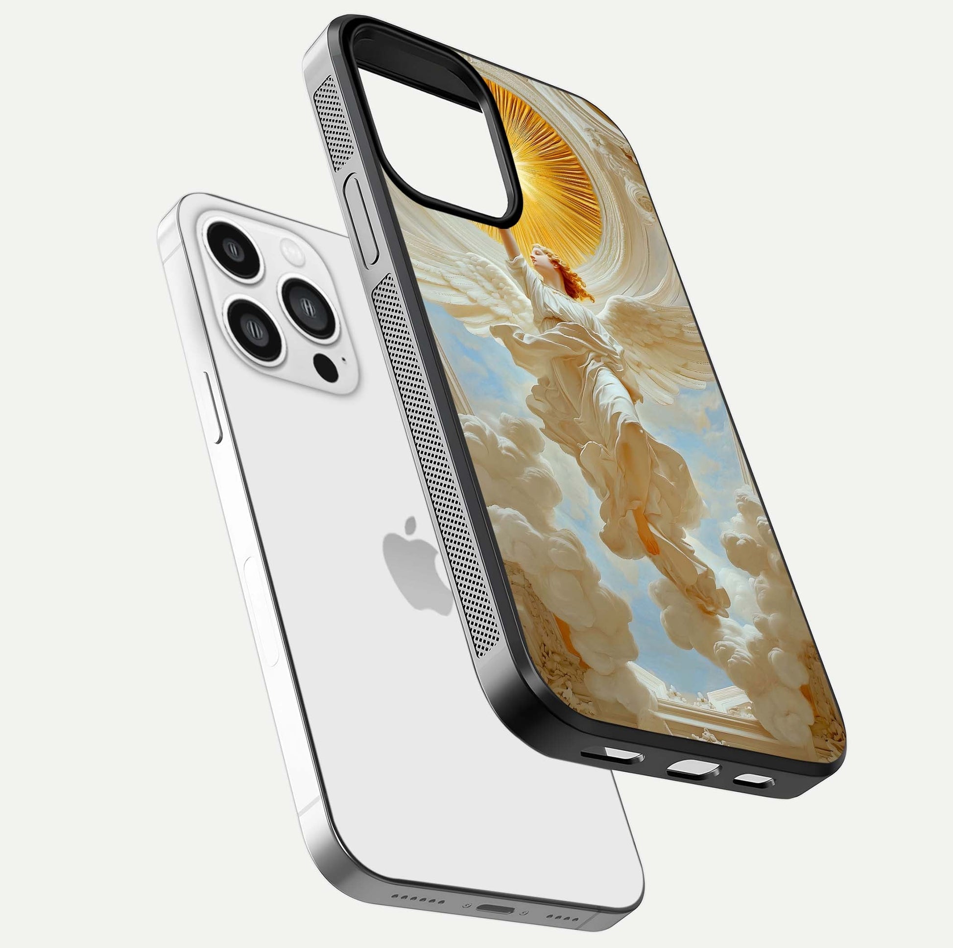 Divine Light Angel Glass Case for iPhone 13 Pro Max floating mockup showing gloss texture and radiant light