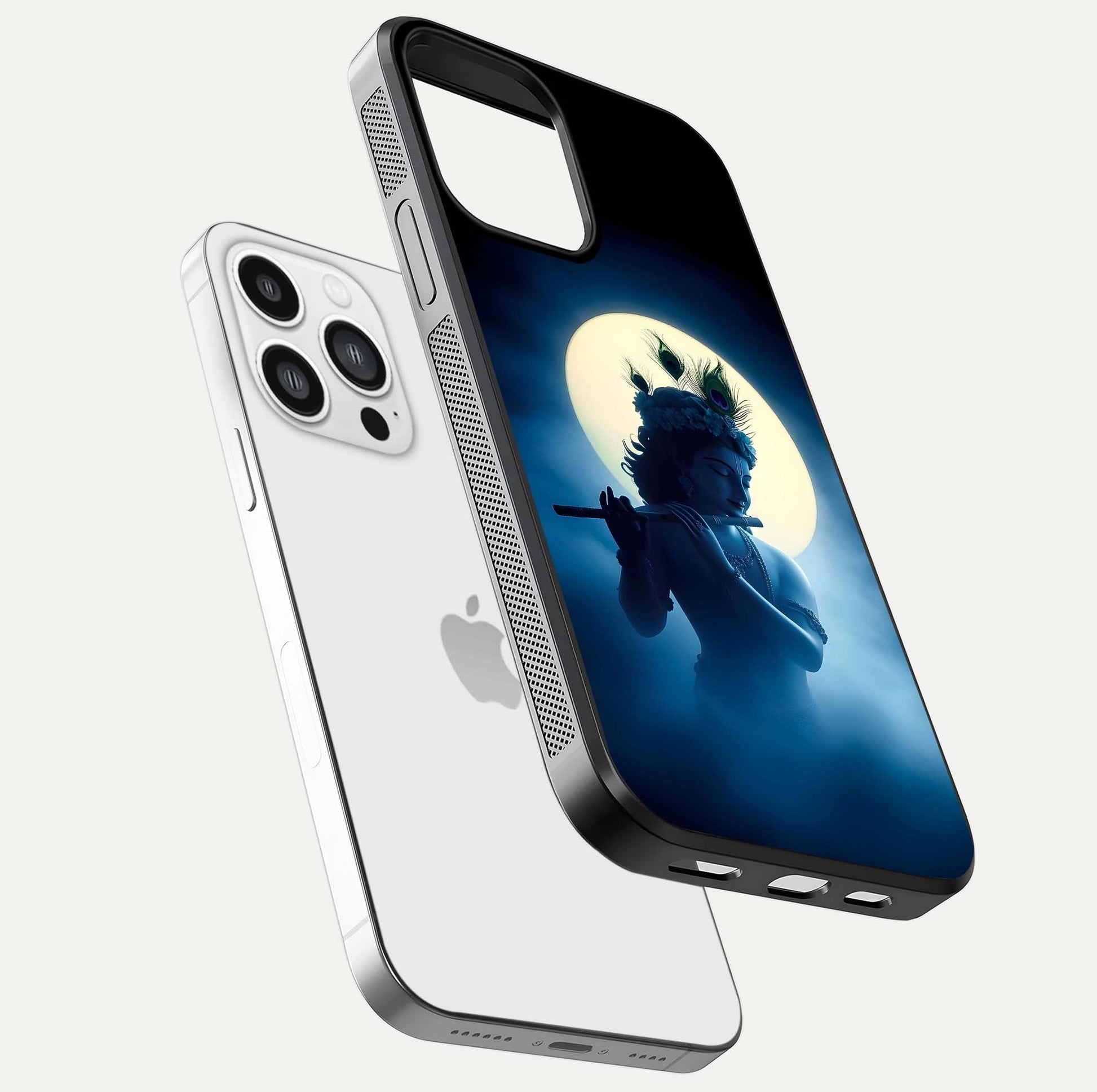 Divine Moon Flute Glass Case for iPhone 13 Pro Max floating mockup showing HD gloss and luminous texture