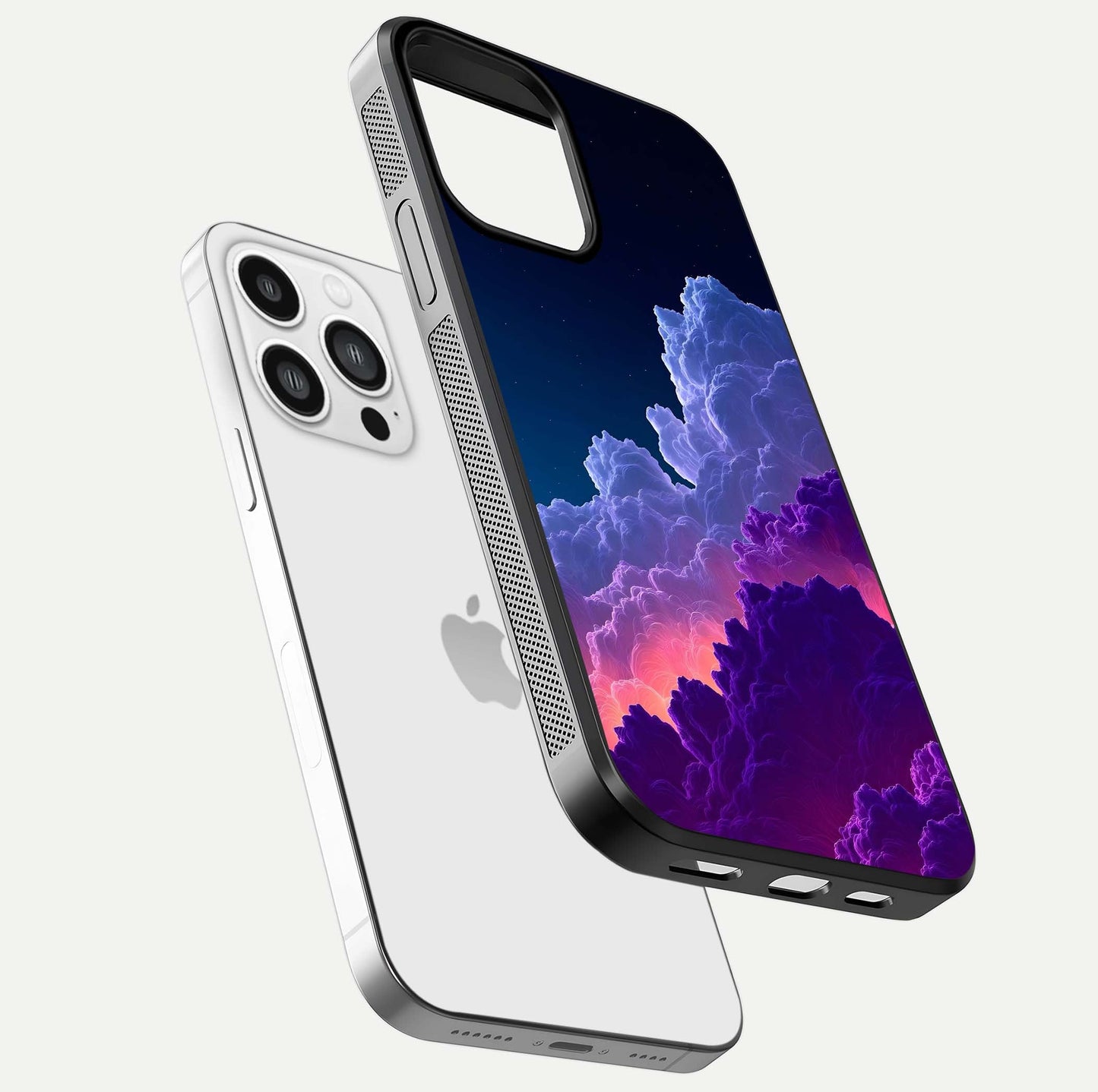 Dreamy Cloud Skies Glass Case for iPhone 13 Pro Max floating mockup showing glossy depth and delicate tone