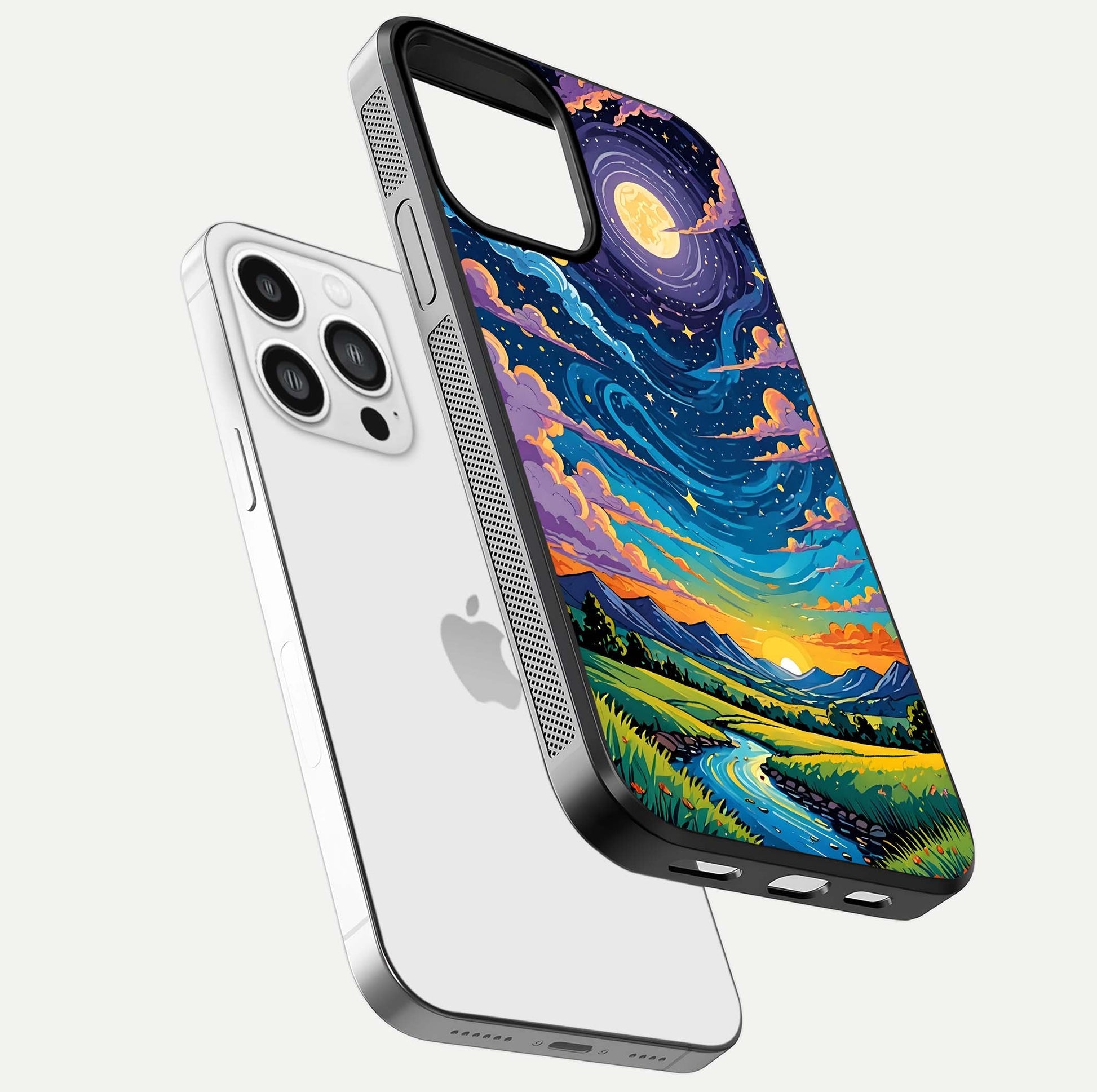 Dreamy Night Landscape Glass Case for iPhone 13 Pro Max floating mockup showing glossy depth and serene color
