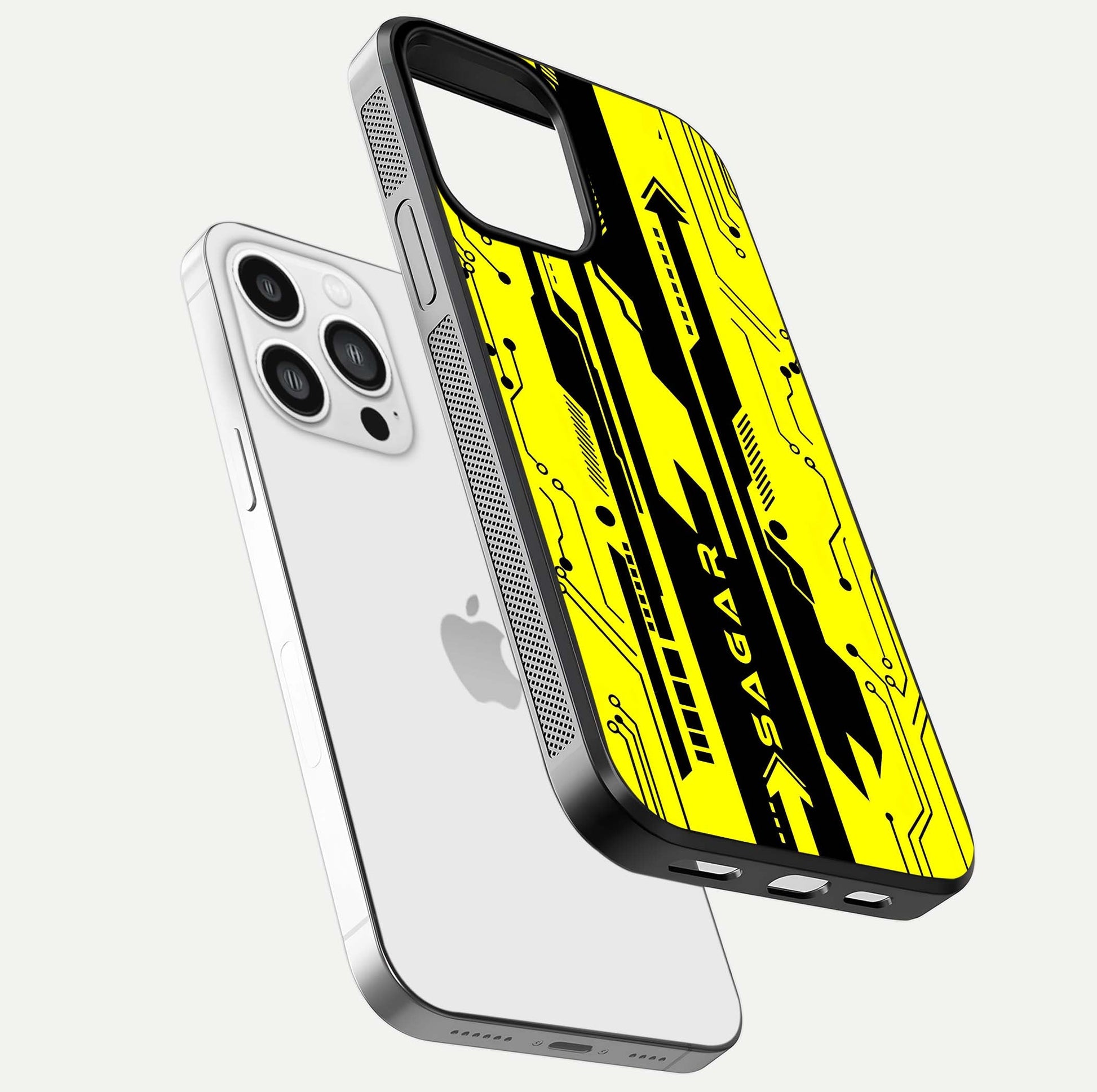 Electric Pulse CYBERPUNK Custom Name Glass Case for iPhone 13 Pro Max floating mockup showing HD gloss and vibrant cyberpunk glow