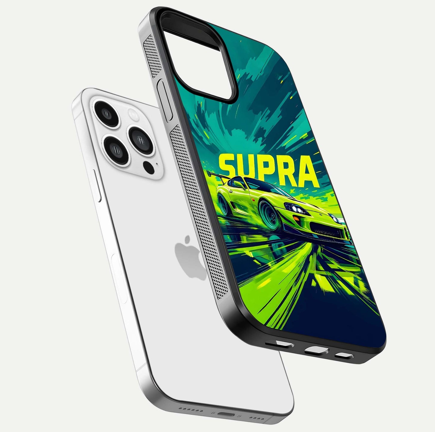 Electric Supra Thunder Glass Case for iPhone 13 Pro Max floating mockup showing gloss depth and energy glow
