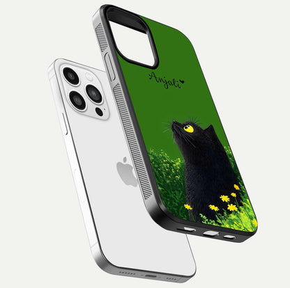 Emerald Cat Custom Name Glass Case for iPhone 13 Pro Max floating mockup showing HD gloss and soft gradient