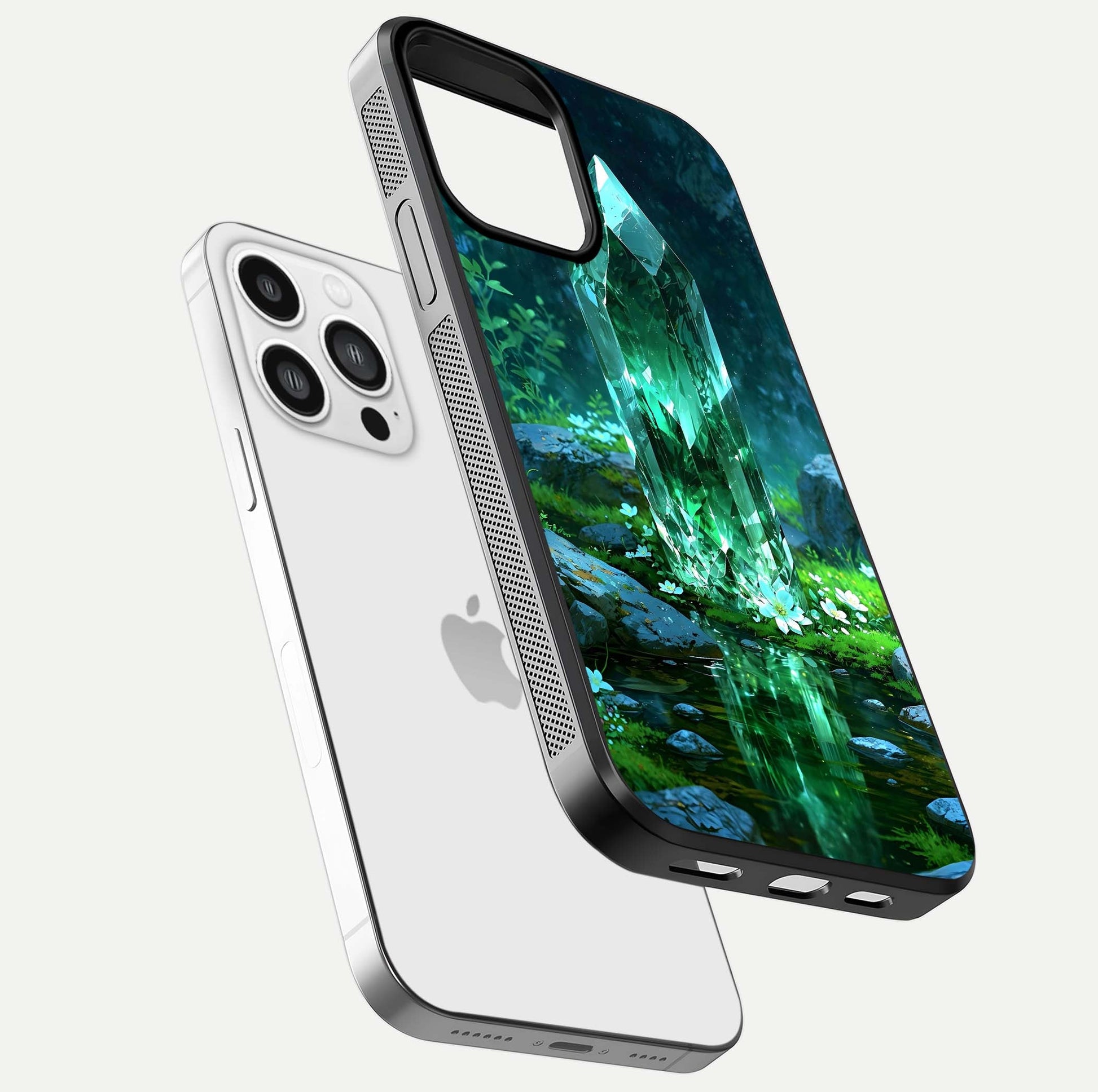 Emerald Light Crystal Glass Case for iPhone 13 Pro Max floating mockup showing glossy finish and radiant light pattern
