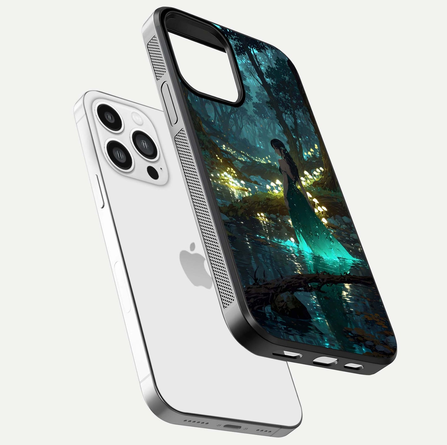 Enchanted Forest Glow Glass Case for iPhone 13 Pro Max floating mockup showing gloss polish and fantasy vibe