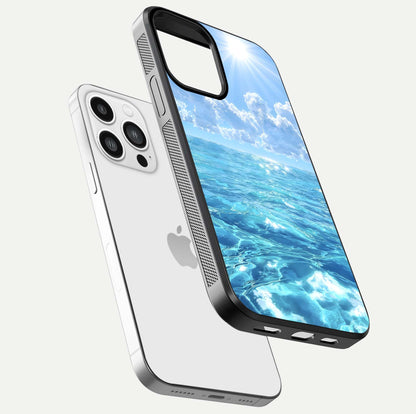 Endless Ocean Horizon Glass Case for iPhone 13 Pro Max floating mockup showing HD gloss and tranquil color