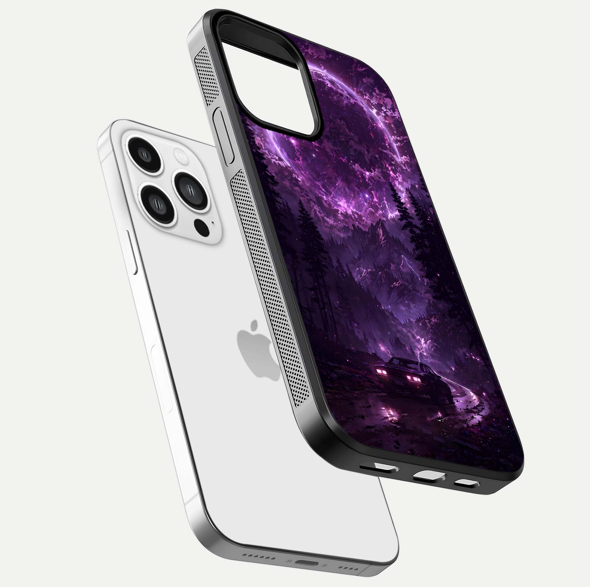 Eternal Cosmic Drive Glass Case for iPhone 13 Pro Max floating mockup showing glossy polish and vivid glow
