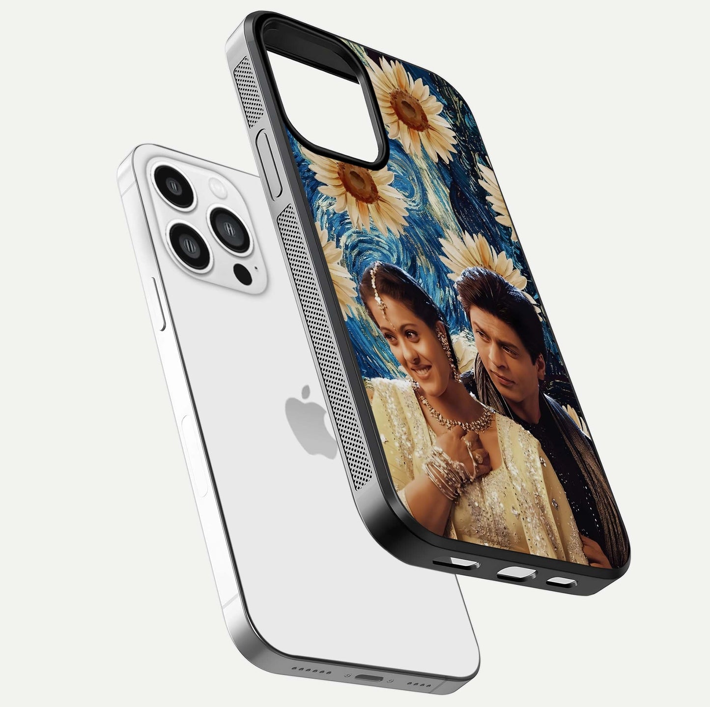 Eternal Love Story Glass Case for iPhone 13 Pro Max floating mockup showing glossy shine and romantic tone