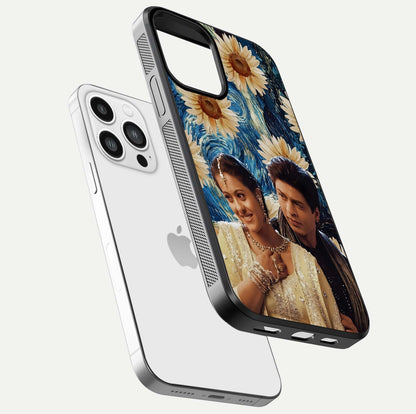 Eternal Love Story Glass Case for iPhone 13 Pro Max floating mockup showing glossy shine and romantic tone