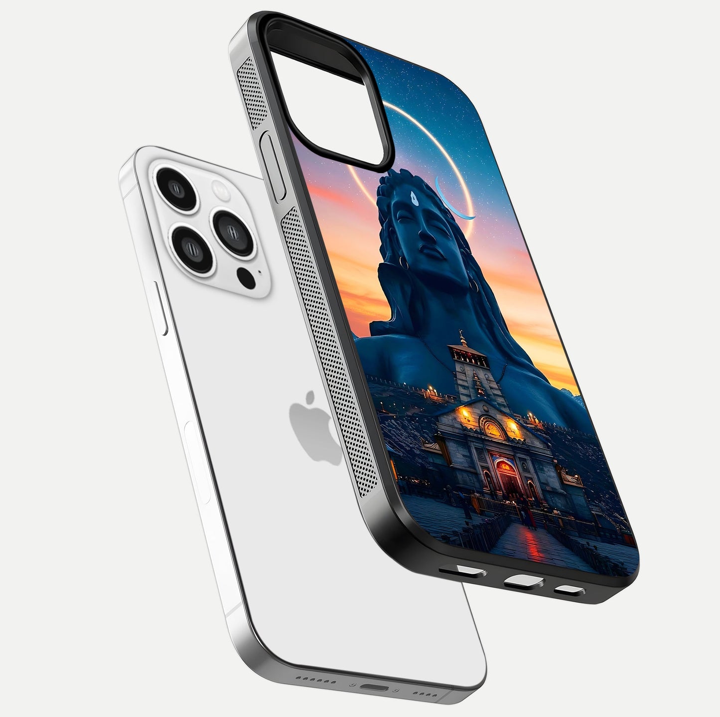 Eternal Shiva Aura Glass Case for iPhone 13 Pro Max floating mockup showing gloss texture and spiritual glow