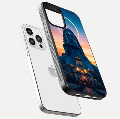 Eternal Shiva Aura Glass Case for iPhone 13 Pro Max floating mockup showing gloss texture and spiritual glow