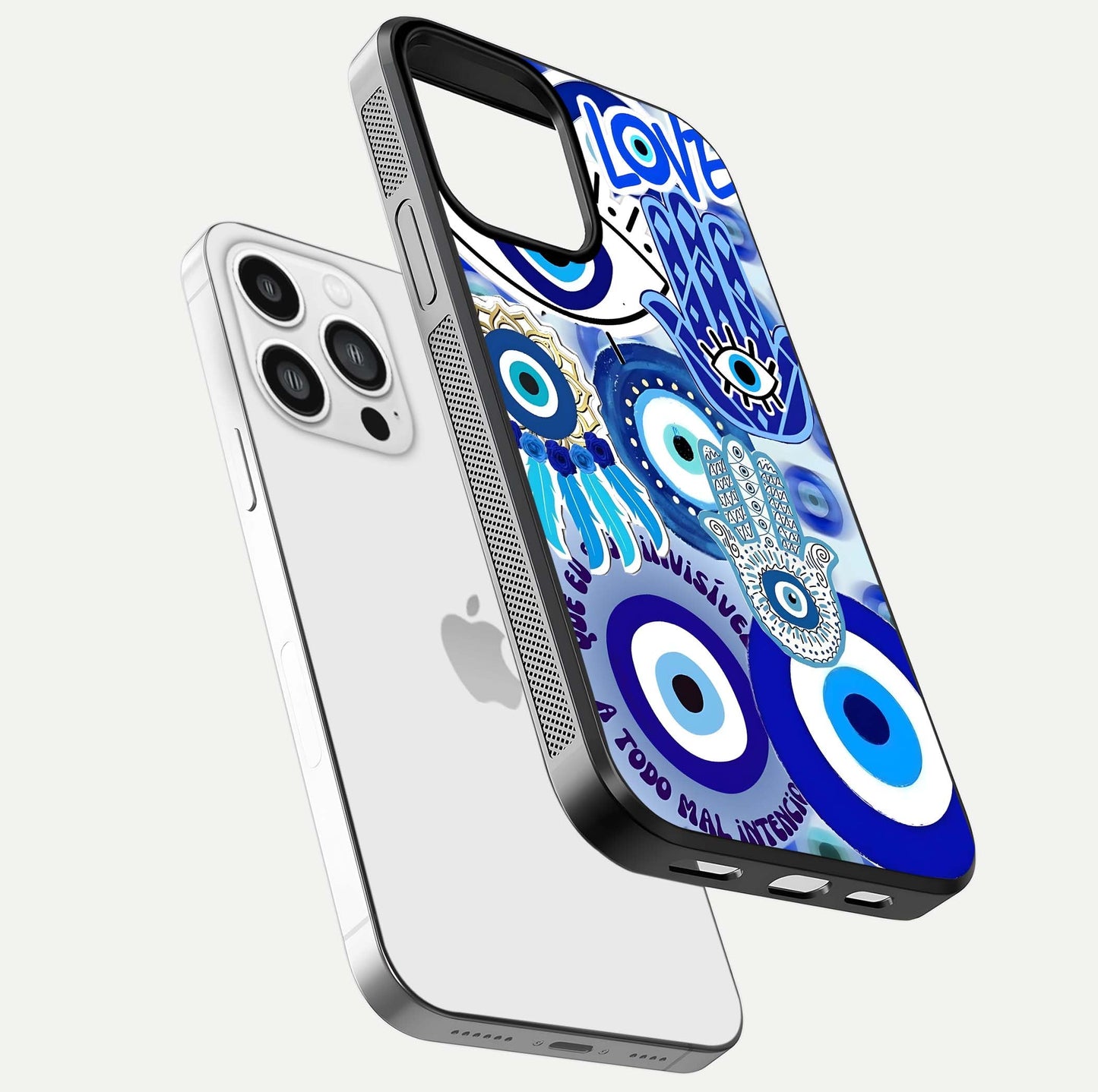 Evil Eyes Dream Glass Case for iPhone 13 Pro Max floating mockup showing glossy shine and elegant pattern clarity