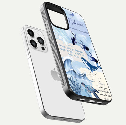Faithful Ocean Promise Glass Case for iPhone 13 Pro Max floating mockup displaying glossy surface and vivid depth