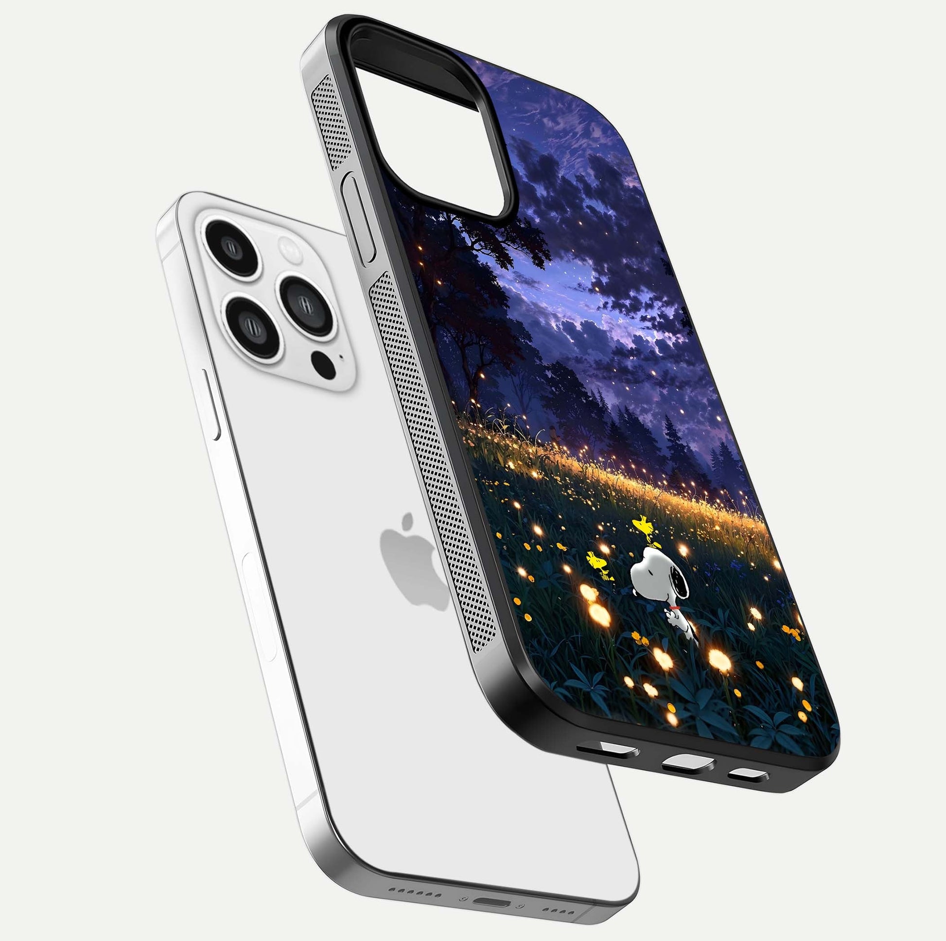Firefly Meadow Magic Glass Case for iPhone 13 Pro Max floating mockup showing gloss polish and magical night hues