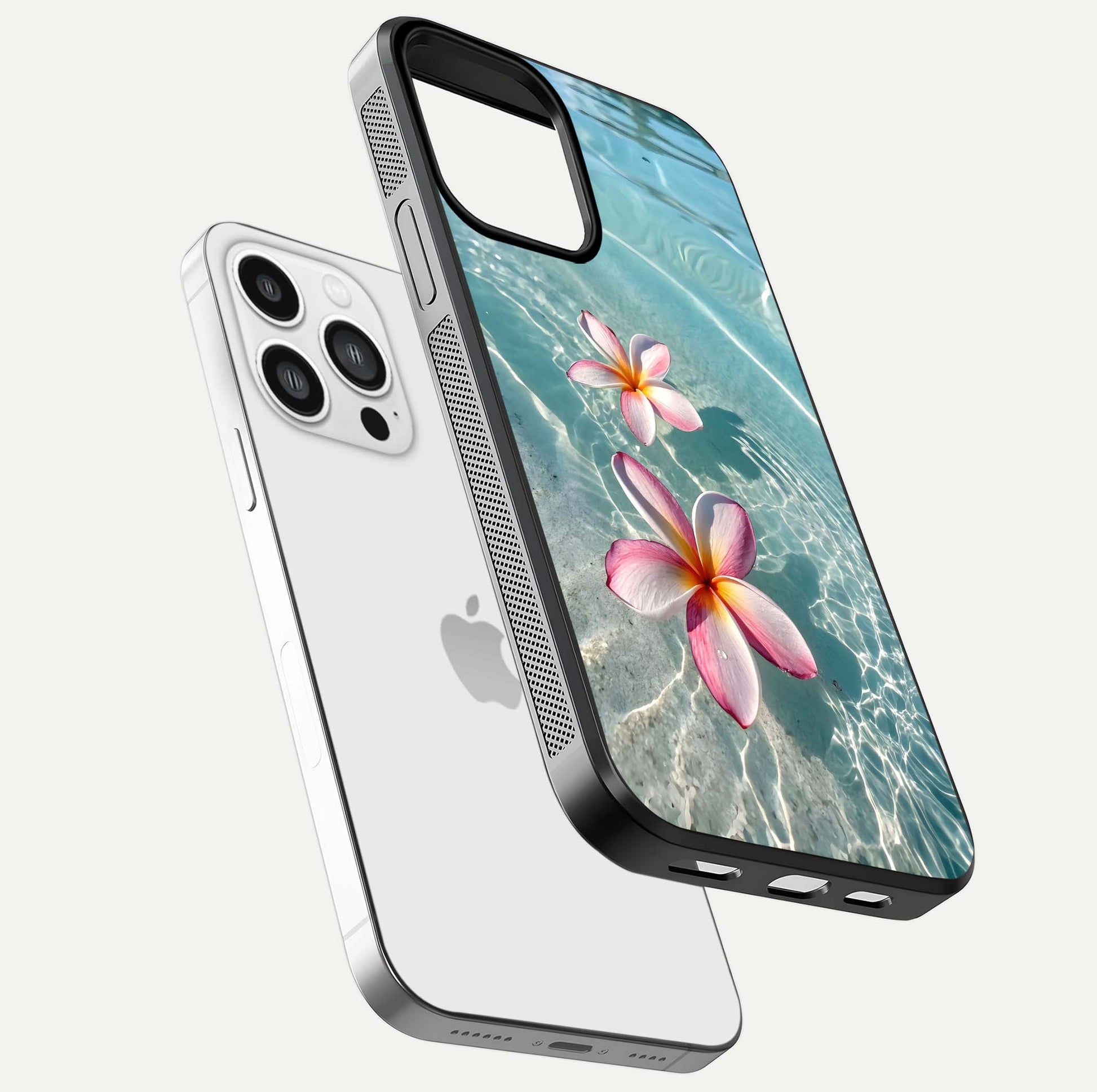 Floating Bloom Bliss Glass Case for iPhone 13 Pro Max floating mockup showing HD gloss shine and floral texture