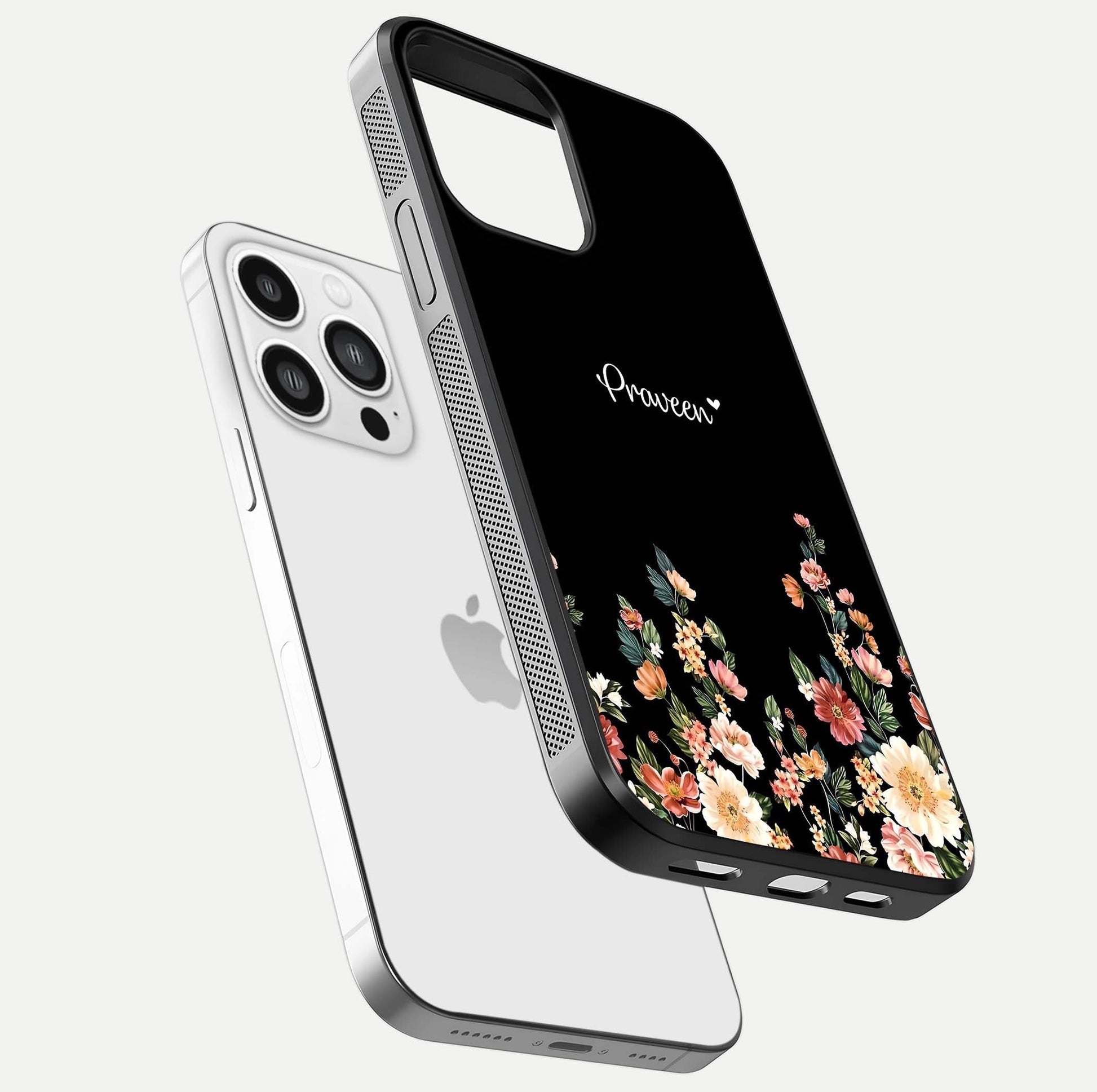 Floral Design Personalized Custom Name Glass Case for iPhone 13 Pro Max floating mockup showing reflection polish and vivid colors