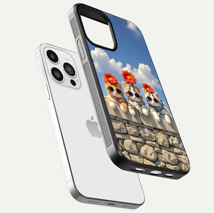 Floral Kitty Squad Glass Case for iPhone 13 Pro Max floating mockup showing gloss texture and playful charm