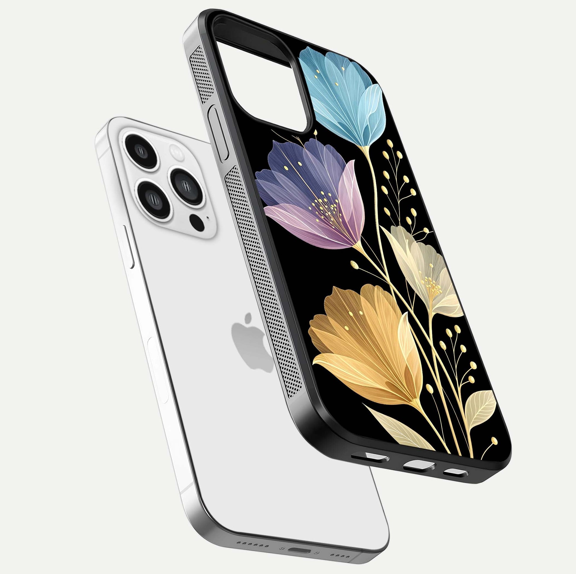 Flower Bloom Glow Glass Case for iPhone 13 Pro Max floating mockup showing HD shine and artistic detail