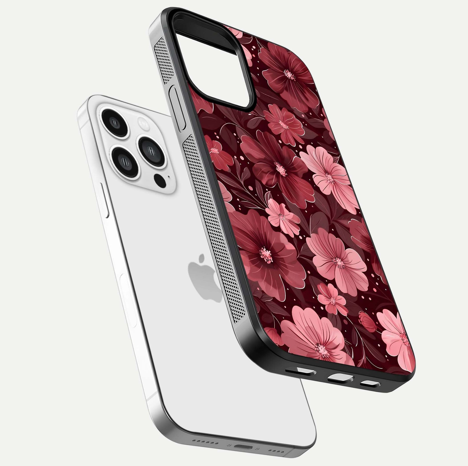 Flower Blush Bloom Glass Case for iPhone 13 Pro Max floating mockup showing shine polish and elegant look