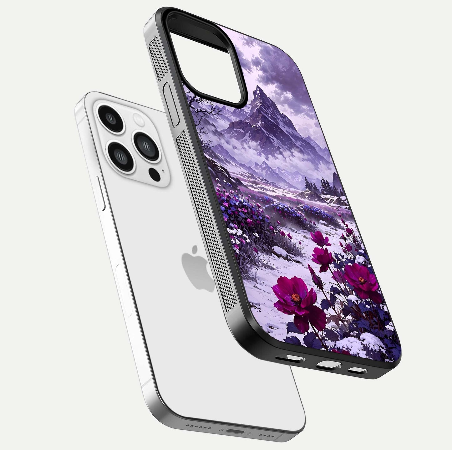 Flower Mountain View Glass Case for iPhone 13 Pro Max floating mockup showing reflection glow and artistic clarity