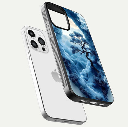 Frozen Serenity Gate Glass Case for iPhone 13 Pro Max floating mockup showing glossy depth and crystal glow