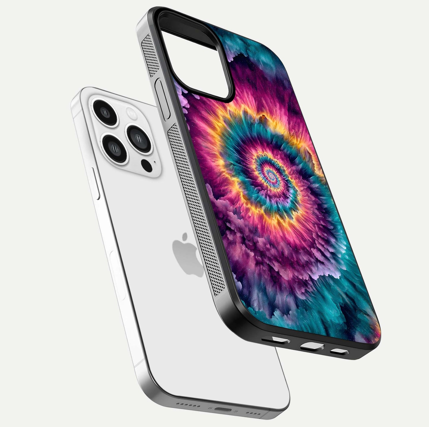 Galactic Spiral Burst Glass Case for iPhone 13 Pro Max floating dual-view mockup displaying light trails and smooth gloss shine