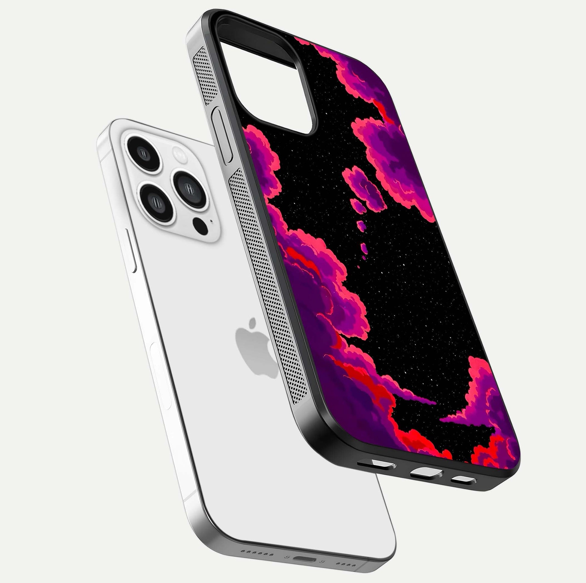 Galaxy Dream Frame Glass Case for iPhone 13 Pro Max floating dual-view mockup showing vibrant gloss and space-themed tones