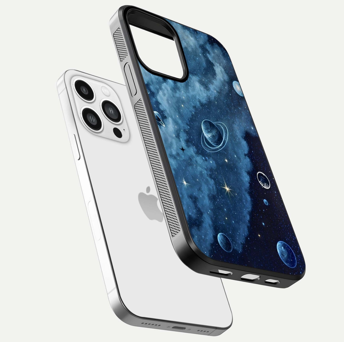 Galaxy Dream Space Glass Case for iPhone 13 Pro Max floating dual-view mockup showing glossy finish and celestial depth