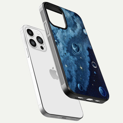 Galaxy Dream Space Glass Case for iPhone 13 Pro Max floating dual-view mockup showing glossy finish and celestial depth