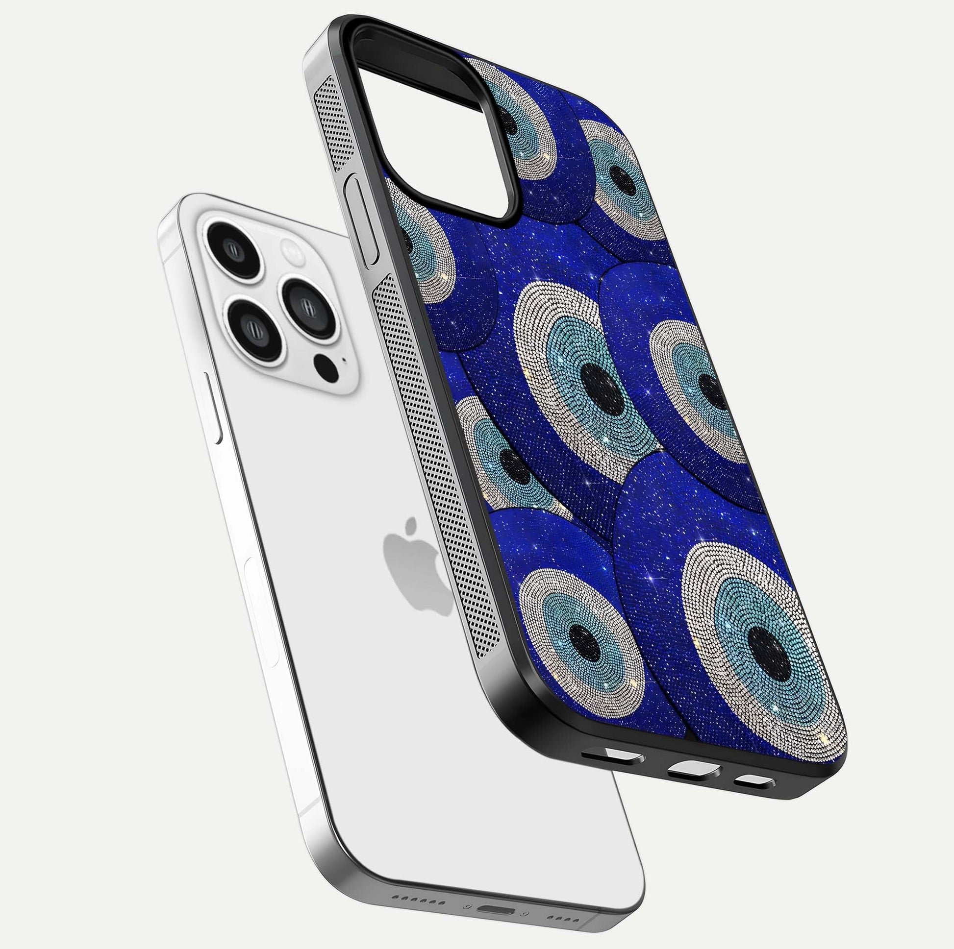 Galaxy Eye Flow Glass Case for iPhone 13 Pro Max floating dual-view mockup showing gloss polish and glowing tones