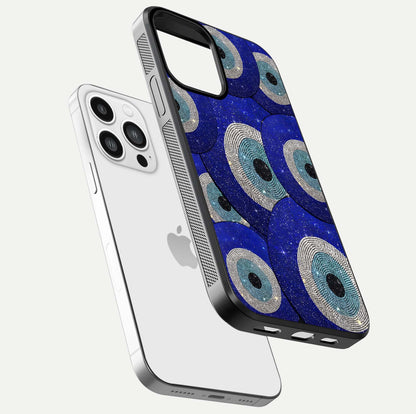Galaxy Eye Flow Glass Case for iPhone 13 Pro Max floating dual-view mockup showing gloss polish and glowing tones