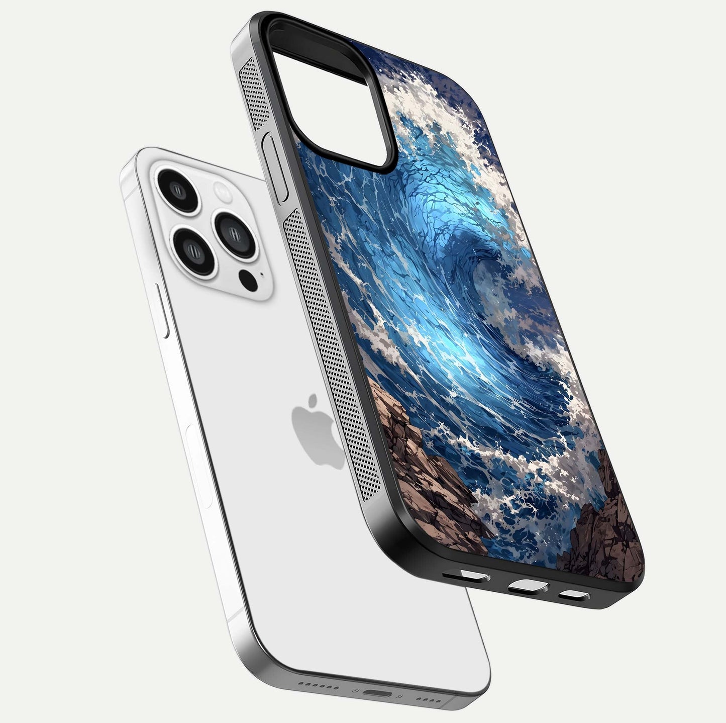 Giant Ocean Wave Glass Case for iPhone 13 Pro Max floating dual-view mockup showing glossy depth and aquatic blue gradient