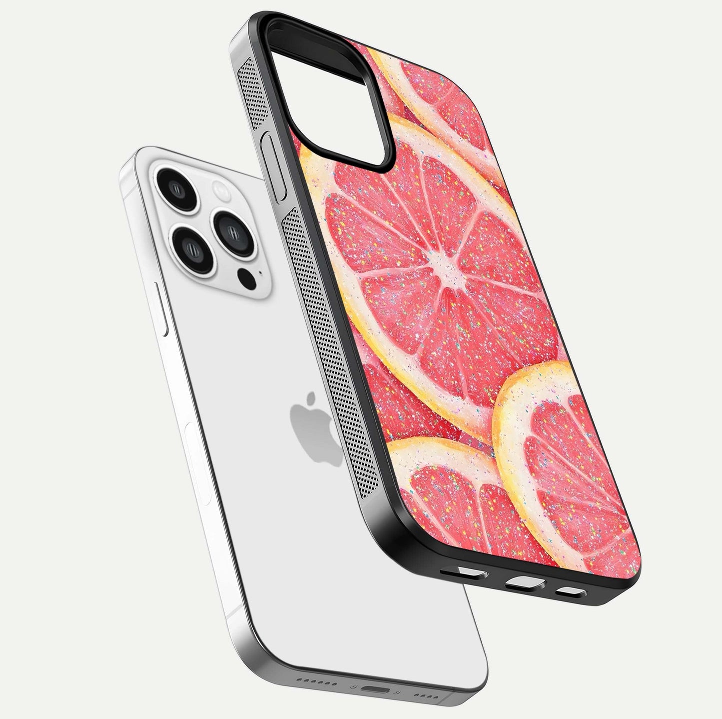 Glitter Grapefruit Glass Case for iPhone 13 Pro Max floating dual-view mockup showing HD gloss and fresh color detail