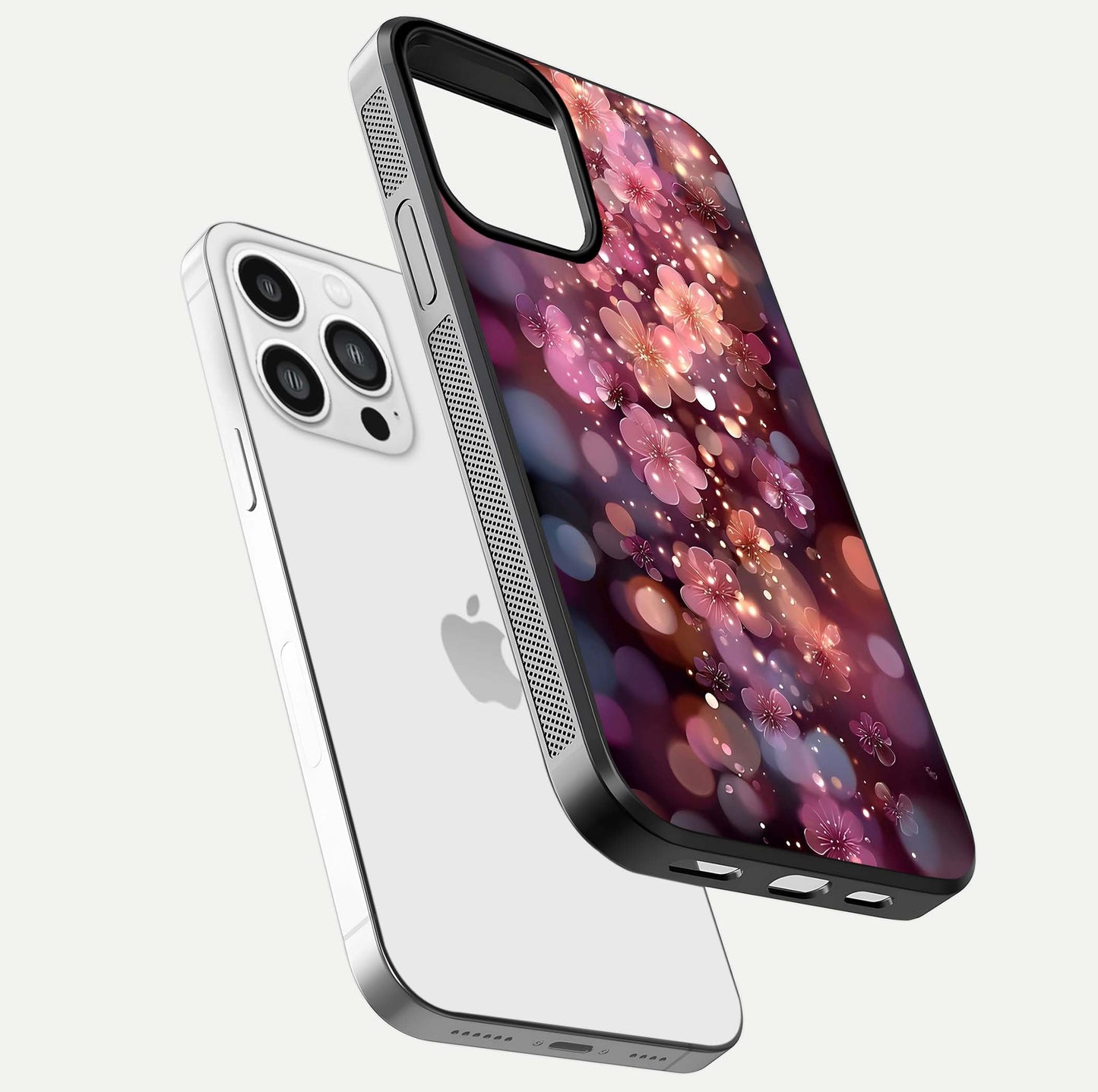 Glowing Petal Bliss Glass Case for iPhone 13 Pro Max floating dual-view mockup showing gloss brightness and delicate tone